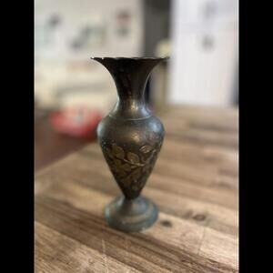 Vintage Brass‎ Engraved Bud Vase 7 3/4” Patina Floral Design